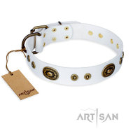 “Magnetic Appeal” FDT Artisanのコンチョ付きホワイト色のデコ革首輪 “Magnetic Appeal” FDT Artisanのコンチョ付きホワイト色のデコ革首輪